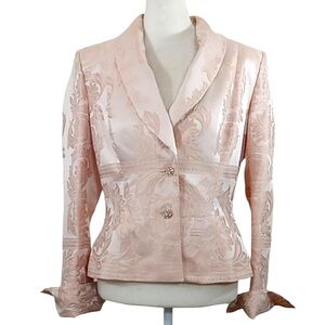 Kay Unger Silk Blazer Peachy Pink Shimmer Floral Jaquard Crystal Buttons Lined